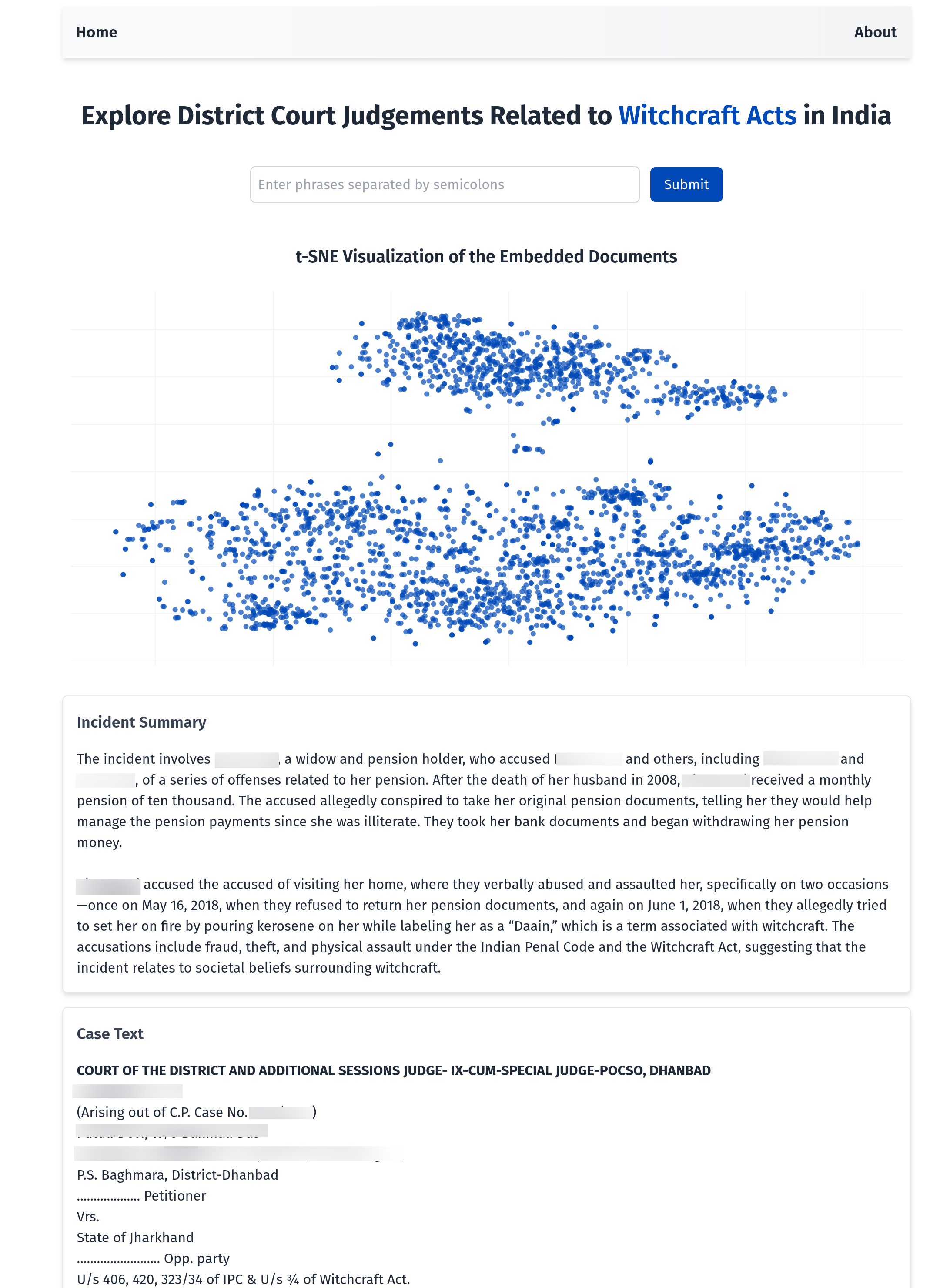 Screenshot of Witchcraft Court Case Pattern Analysis application showing t-SNE visualization and case details (names redacted)